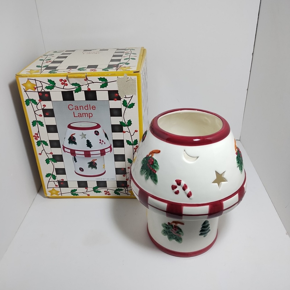 Ceramic Christmas Candle Lamp Shade & Base Holder for Large Pillar Candles 9"x7"
